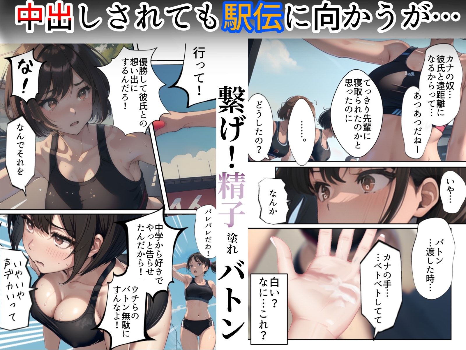 【エロ同人】開催！寝取られ駅伝〜陸上女子は大会中に先輩OB達に中出し孕ませられても繋げ…のトップ画像