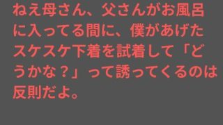 【エロ同人】ねえ母さん、父さんがお風呂に入ってる間に、僕があげたスケスケ下着を試着して…のトップ画像