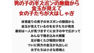 【エロ同人】体育の授業で体育座りしてる男の子の半ズボンの隙間から金玉が見えて女の子たち…のトップ画像